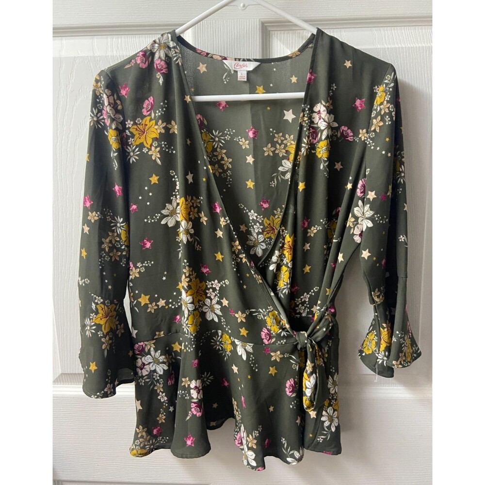 Candies Wrap Top Womens Large Green Floral Silky V Neck Bell Sleeve Classic